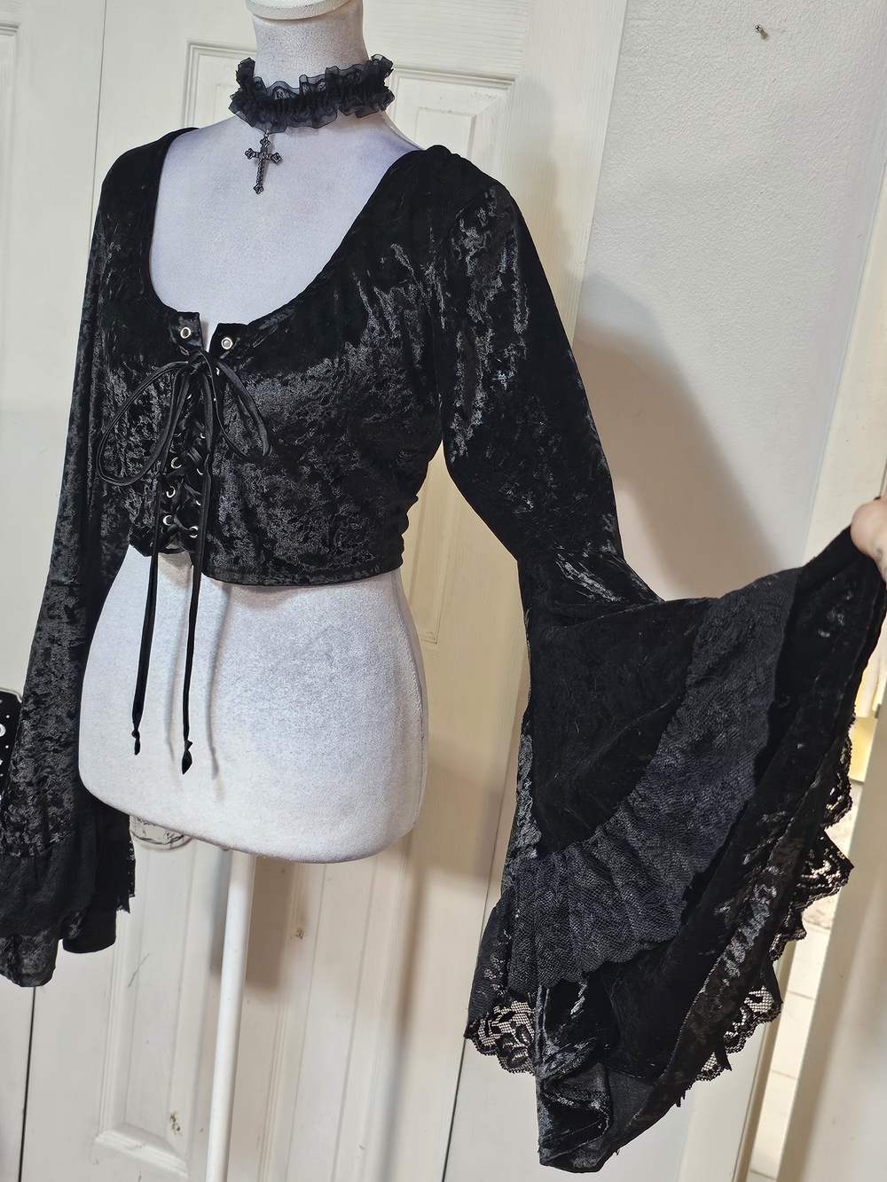 Dolls Kill Black Velvet Lace-Up Bell Sleeve Crop Top